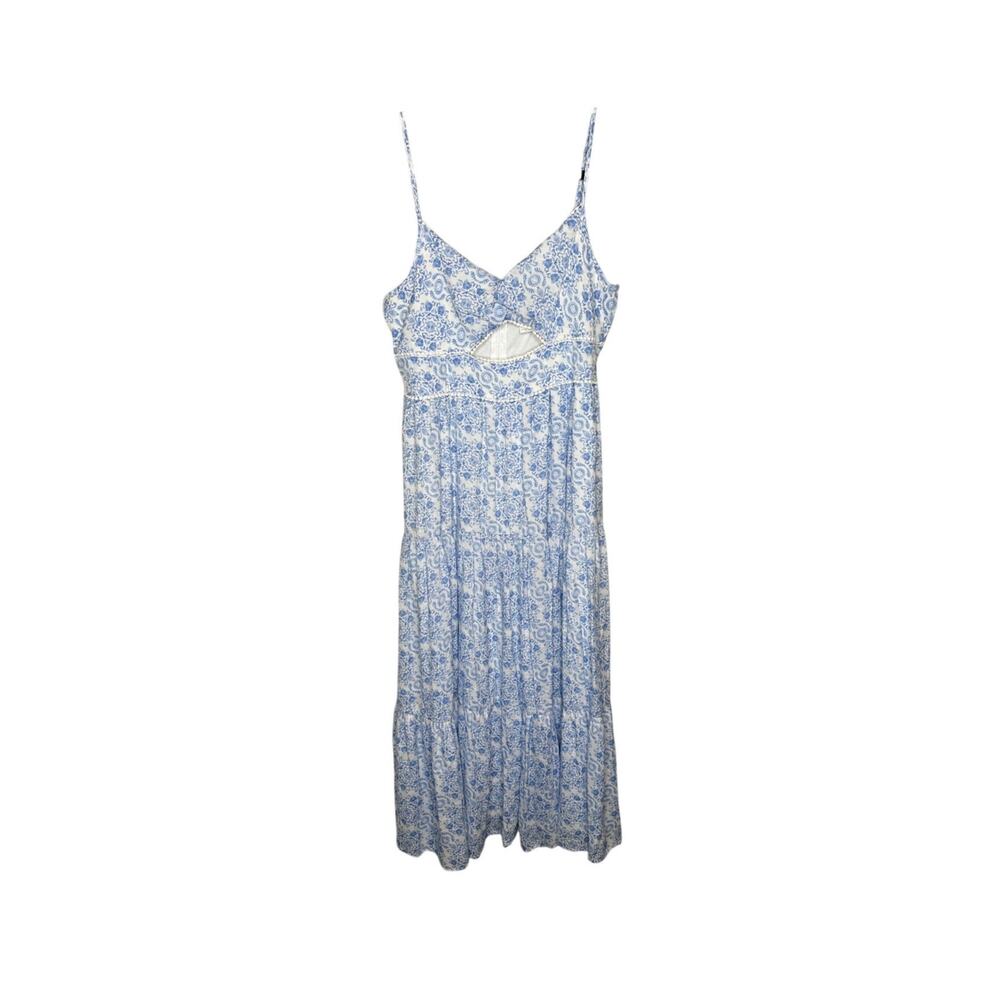 Altard State Dress Womens XL Blue White Floral Cutout Pom Pom Tiered Cami Midi